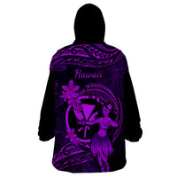 Hawaii Wearable Blanket Hoodie Hula Girl Mix Polynesian Plumeria Purple Version - Wonder Print Shop