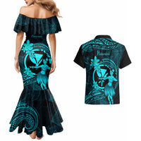 Hawaii Couples Matching Mermaid Dress and Hawaiian Shirt Hula Girl Mix Polynesian Plumeria Turquoise Version - Wonder Print Shop