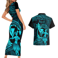 Hawaii Couples Matching Short Sleeve Bodycon Dress and Hawaiian Shirt Hula Girl Mix Polynesian Plumeria Turquoise Version - Wonder Print Shop