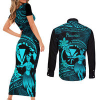 Hawaii Couples Matching Short Sleeve Bodycon Dress and Long Sleeve Button Shirts Hula Girl Mix Polynesian Plumeria Turquoise Version - Wonder Print Shop
