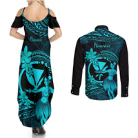 Hawaii Couples Matching Summer Maxi Dress and Long Sleeve Button Shirts Hula Girl Mix Polynesian Plumeria Turquoise Version - Wonder Print Shop