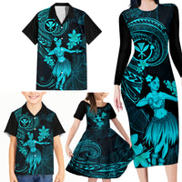 Hawaii Family Matching Long Sleeve Bodycon Dress and Hawaiian Shirt Hula Girl Mix Polynesian Plumeria Turquoise Version - Wonder Print Shop