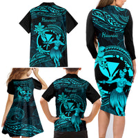 Hawaii Family Matching Long Sleeve Bodycon Dress and Hawaiian Shirt Hula Girl Mix Polynesian Plumeria Turquoise Version - Wonder Print Shop