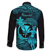 Hawaii Family Matching Long Sleeve Bodycon Dress and Hawaiian Shirt Hula Girl Mix Polynesian Plumeria Turquoise Version - Wonder Print Shop