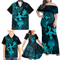 Hawaii Family Matching Off Shoulder Maxi Dress and Hawaiian Shirt Hula Girl Mix Polynesian Plumeria Turquoise Version - Wonder Print Shop