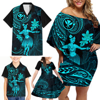 Hawaii Family Matching Off Shoulder Short Dress and Hawaiian Shirt Hula Girl Mix Polynesian Plumeria Turquoise Version - Wonder Print Shop