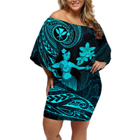 Hawaii Family Matching Off Shoulder Short Dress and Hawaiian Shirt Hula Girl Mix Polynesian Plumeria Turquoise Version - Wonder Print Shop