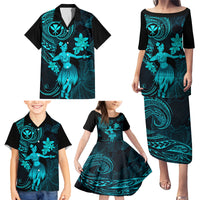 Hawaii Family Matching Puletasi Dress and Hawaiian Shirt Hula Girl Mix Polynesian Plumeria Turquoise Version - Wonder Print Shop