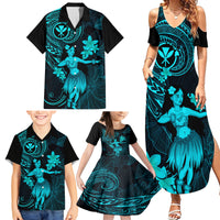 Hawaii Family Matching Summer Maxi Dress and Hawaiian Shirt Hula Girl Mix Polynesian Plumeria Turquoise Version - Wonder Print Shop