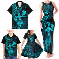 Hawaii Family Matching Tank Maxi Dress and Hawaiian Shirt Hula Girl Mix Polynesian Plumeria Turquoise Version - Wonder Print Shop