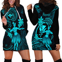 Hawaii Hoodie Dress Hula Girl Mix Polynesian Plumeria Turquoise Version - Wonder Print Shop