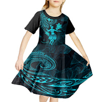 Hawaii Kid Short Sleeve Dress Hula Girl Mix Polynesian Plumeria Turquoise Version - Wonder Print Shop