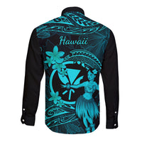 Hawaii Long Sleeve Button Shirt Hula Girl Mix Polynesian Plumeria Turquoise Version - Wonder Print Shop