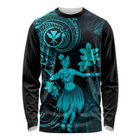 Hawaii Long Sleeve Shirt Hula Girl Mix Polynesian Plumeria Turquoise Version - Wonder Print Shop