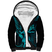 Hawaii Sherpa Hoodie Hula Girl Mix Polynesian Plumeria Turquoise Version - Wonder Print Shop