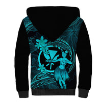 Hawaii Sherpa Hoodie Hula Girl Mix Polynesian Plumeria Turquoise Version - Wonder Print Shop