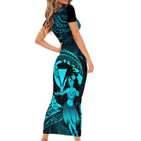 Hawaii Short Sleeve Bodycon Dress Hula Girl Mix Polynesian Plumeria Turquoise Version - Wonder Print Shop