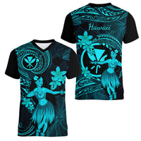 Hawaii Women V Neck T Shirt Hula Girl Mix Polynesian Plumeria Turquoise Version - Wonder Print Shop
