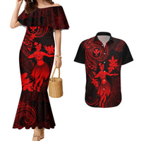 Hawaii Couples Matching Mermaid Dress and Hawaiian Shirt Hula Girl Mix Polynesian Plumeria Red Version - Wonder Print Shop