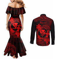 hawaii-couples-matching-mermaid-dress-and-long-sleeve-button-shirts-hula-girl-mix-polynesian-plumeria-red-version
