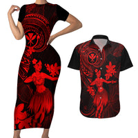Hawaii Couples Matching Short Sleeve Bodycon Dress and Hawaiian Shirt Hula Girl Mix Polynesian Plumeria Red Version - Wonder Print Shop