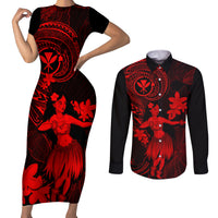 Hawaii Couples Matching Short Sleeve Bodycon Dress and Long Sleeve Button Shirts Hula Girl Mix Polynesian Plumeria Red Version - Wonder Print Shop