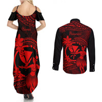 Hawaii Couples Matching Summer Maxi Dress and Long Sleeve Button Shirts Hula Girl Mix Polynesian Plumeria Red Version - Wonder Print Shop