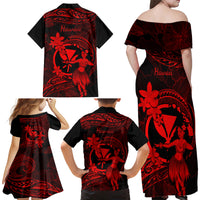 Hawaii Family Matching Off Shoulder Long Sleeve Dress and Hawaiian Shirt Hula Girl Mix Polynesian Plumeria Red Version - Wonder Print Shop