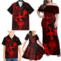 Hawaii Family Matching Off Shoulder Maxi Dress and Hawaiian Shirt Hula Girl Mix Polynesian Plumeria Red Version - Wonder Print Shop