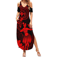 Hawaii Family Matching Summer Maxi Dress and Hawaiian Shirt Hula Girl Mix Polynesian Plumeria Red Version - Wonder Print Shop