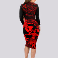 Hawaii Long Sleeve Bodycon Dress Hula Girl Mix Polynesian Plumeria Red Version - Wonder Print Shop