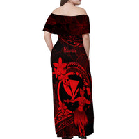 Hawaii Off Shoulder Maxi Dress Hula Girl Mix Polynesian Plumeria Red Version - Wonder Print Shop