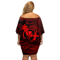 Hawaii Off Shoulder Short Dress Hula Girl Mix Polynesian Plumeria Red Version - Wonder Print Shop