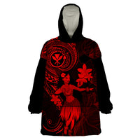 Hawaii Wearable Blanket Hoodie Hula Girl Mix Polynesian Plumeria Red Version - Wonder Print Shop