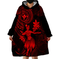 Hawaii Wearable Blanket Hoodie Hula Girl Mix Polynesian Plumeria Red Version - Wonder Print Shop