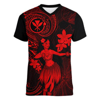 Hawaii Women V Neck T Shirt Hula Girl Mix Polynesian Plumeria Red Version - Wonder Print Shop