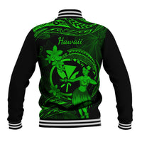 Hawaii Baseball Jacket Hula Girl Mix Polynesian Plumeria Green Version - Wonder Print Shop