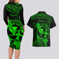 Hawaii Couples Matching Long Sleeve Bodycon Dress and Hawaiian Shirt Hula Girl Mix Polynesian Plumeria Green Version - Wonder Print Shop