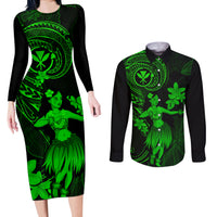Hawaii Couples Matching Long Sleeve Bodycon Dress and Long Sleeve Button Shirts Hula Girl Mix Polynesian Plumeria Green Version - Wonder Print Shop