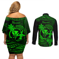 Hawaii Couples Matching Off Shoulder Short Dress and Long Sleeve Button Shirts Hula Girl Mix Polynesian Plumeria Green Version - Wonder Print Shop