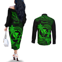 hawaii-couples-matching-off-the-shoulder-long-sleeve-dress-and-long-sleeve-button-shirts-hula-girl-mix-polynesian-plumeria-green-version