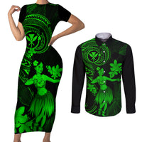 Hawaii Couples Matching Short Sleeve Bodycon Dress and Long Sleeve Button Shirts Hula Girl Mix Polynesian Plumeria Green Version - Wonder Print Shop