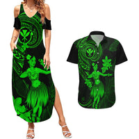 Hawaii Couples Matching Summer Maxi Dress and Hawaiian Shirt Hula Girl Mix Polynesian Plumeria Green Version - Wonder Print Shop