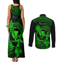 Hawaii Couples Matching Tank Maxi Dress and Long Sleeve Button Shirts Hula Girl Mix Polynesian Plumeria Green Version - Wonder Print Shop