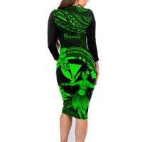 Hawaii Family Matching Long Sleeve Bodycon Dress and Hawaiian Shirt Hula Girl Mix Polynesian Plumeria Green Version - Wonder Print Shop