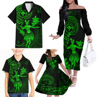 Hawaii Family Matching Off Shoulder Long Sleeve Dress and Hawaiian Shirt Hula Girl Mix Polynesian Plumeria Green Version - Wonder Print Shop