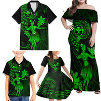 Hawaii Family Matching Off Shoulder Maxi Dress and Hawaiian Shirt Hula Girl Mix Polynesian Plumeria Green Version - Wonder Print Shop