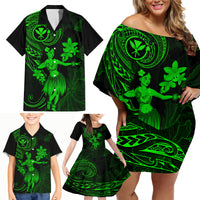 Hawaii Family Matching Off Shoulder Short Dress and Hawaiian Shirt Hula Girl Mix Polynesian Plumeria Green Version - Wonder Print Shop