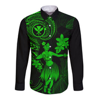 Hawaii Long Sleeve Button Shirt Hula Girl Mix Polynesian Plumeria Green Version - Wonder Print Shop
