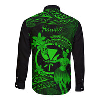 Hawaii Long Sleeve Button Shirt Hula Girl Mix Polynesian Plumeria Green Version - Wonder Print Shop